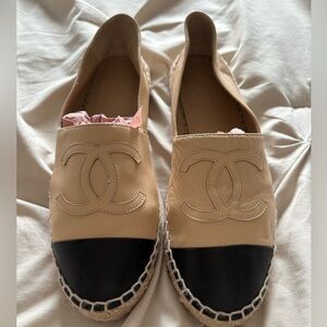 CHANEL Beige Leather Espadrilles with Black Cap Toe